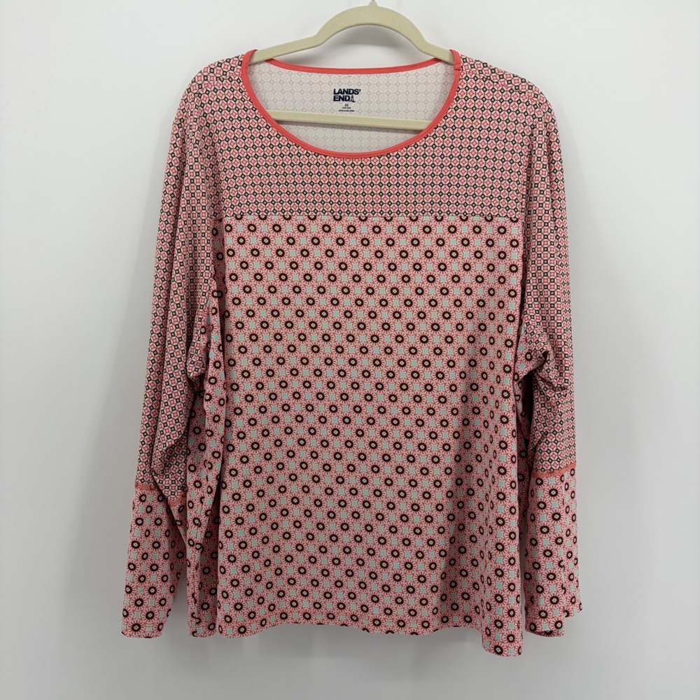 Lands' End Womens 3X Coral Medallion Print Long Sleeve Crew Neck Top Stretch